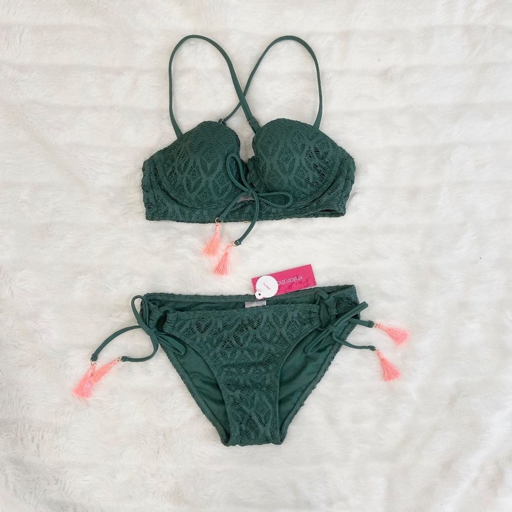 NEW Cheeky Green Bikini with Pink Tassels Size S